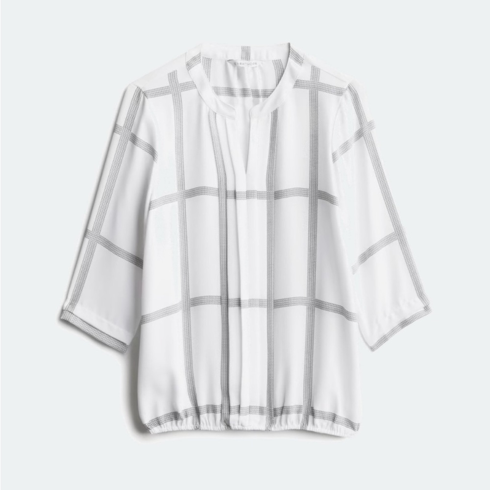 Like New 41 Hawthorn Juanis Pleat Gathering Hem V-Neck White & Gray Blouse